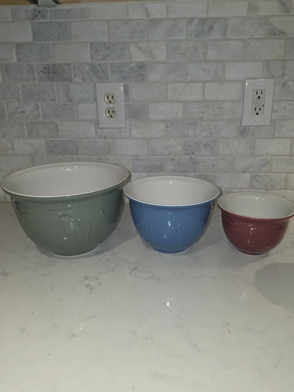 Princess House Ceramic Mixing Bowl Set - Sage, Blue & Maroon